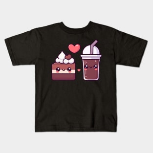 Chocolate Cake and Dark Chocolate Milkshake with a Heart | Kawaii Food Couple Art Kids T-Shirt